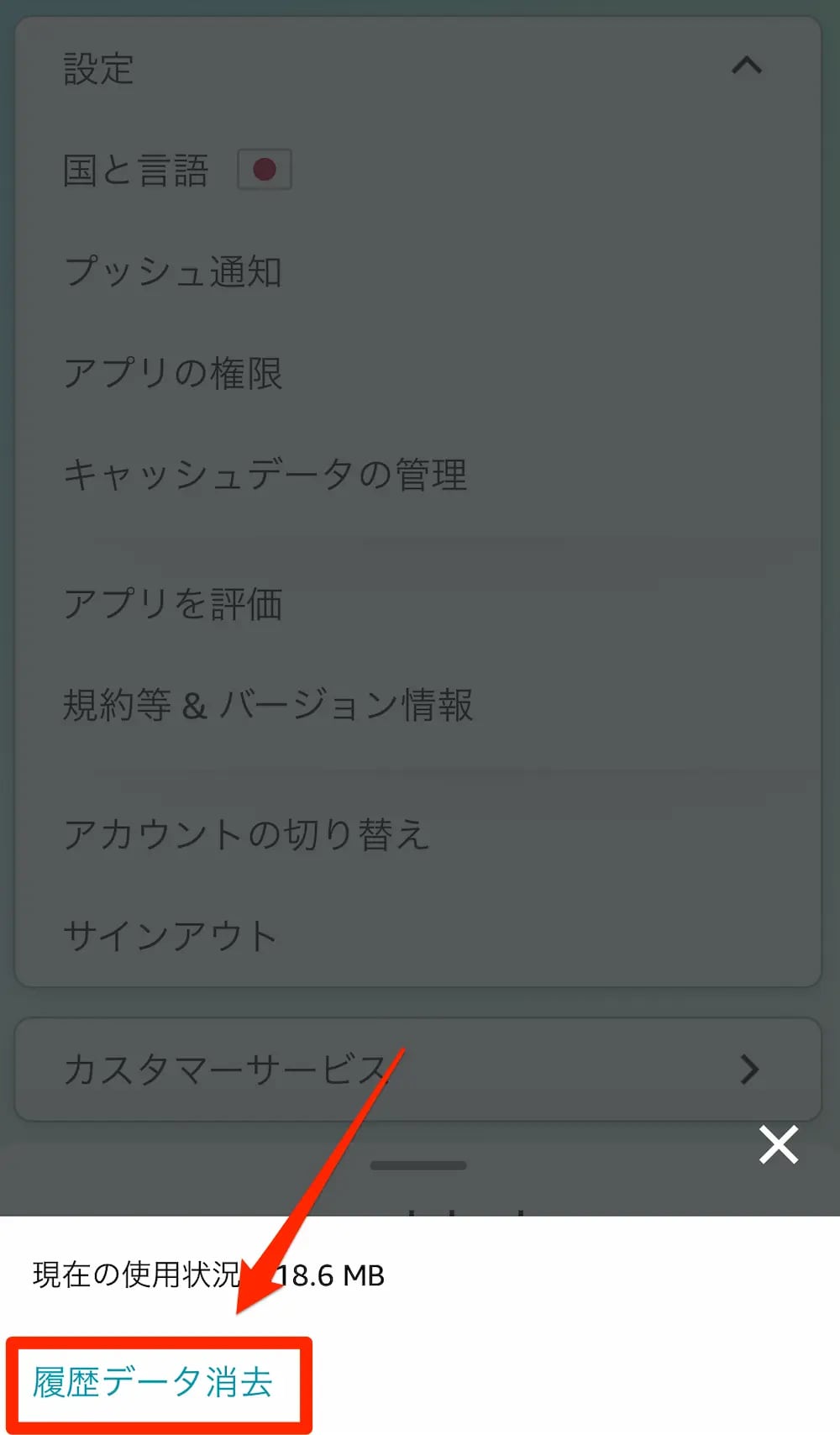 「履歴データ消去」をタップ